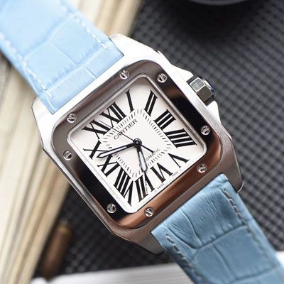 【视频评测】CARTIER卡地亚山度士W20106X8机械女士腕表（V6一比一超A高精仿搭配蓝面表带）