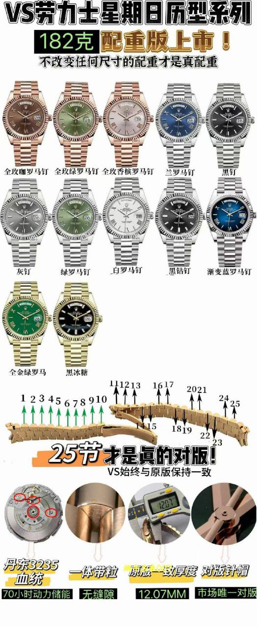 视频评测VS厂182 克 配重版顶级复刻劳力士星期日历型系列m228235-0025腕表 /  