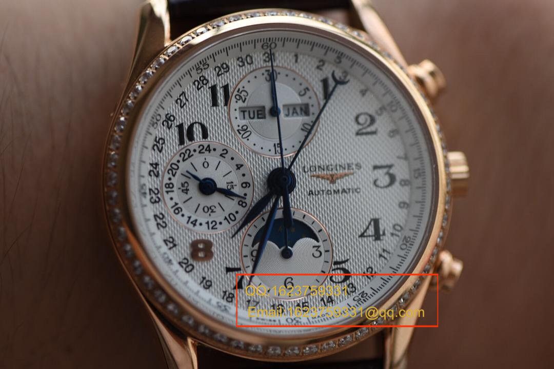 【视频解析】浪琴名匠复刻高仿旗舰版本八针月相土豪金版本腕表《表圈镶钻》 / L066