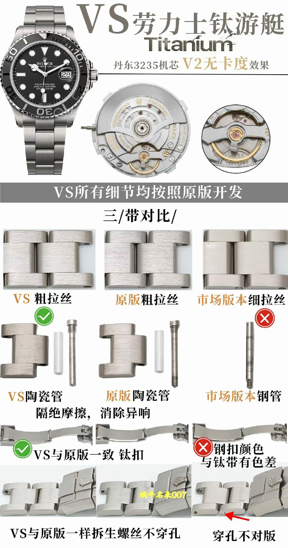 VS劳力士钛游艇42CM手表对比细节 /  